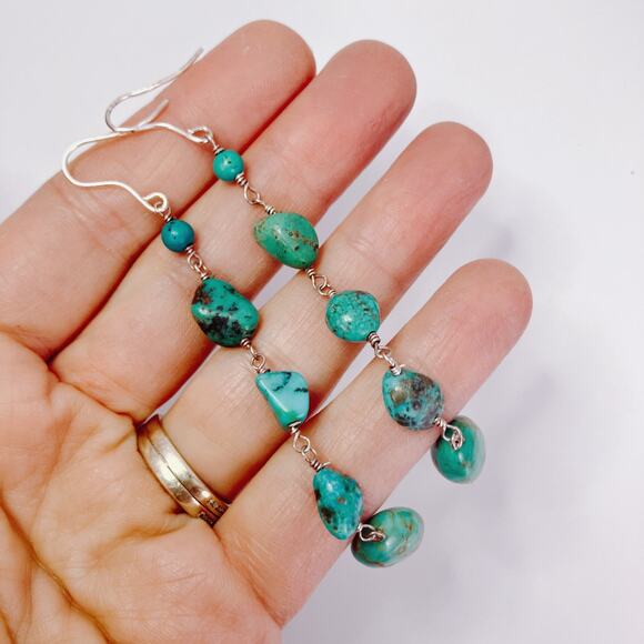 Lightweight Sterling Silver Turquoise-Hued Howlite Stone Long Dangle Earrings - Picture 3 of 11